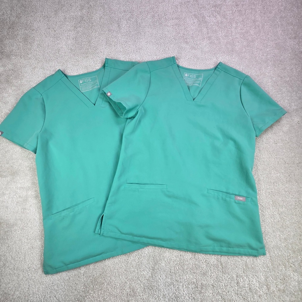 FIGS Casma Scrub Top Lot (2) Womens XXS Teal‎ Green V-Neck Short Sleeve PO2858